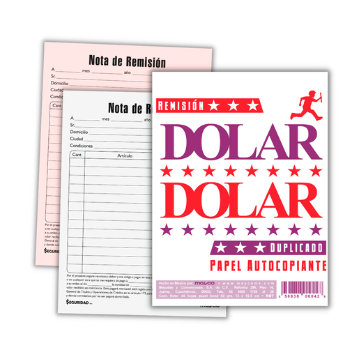 BLOCK DE REMISIóN DóLAR TAMAñO ESQUELA DUPLICADO 44 HOJAS