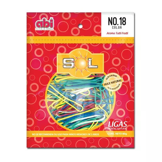 BOLSA DE LIGAS SOL NO.18 COLORES SURTIDOS CON 80 GRAMOS